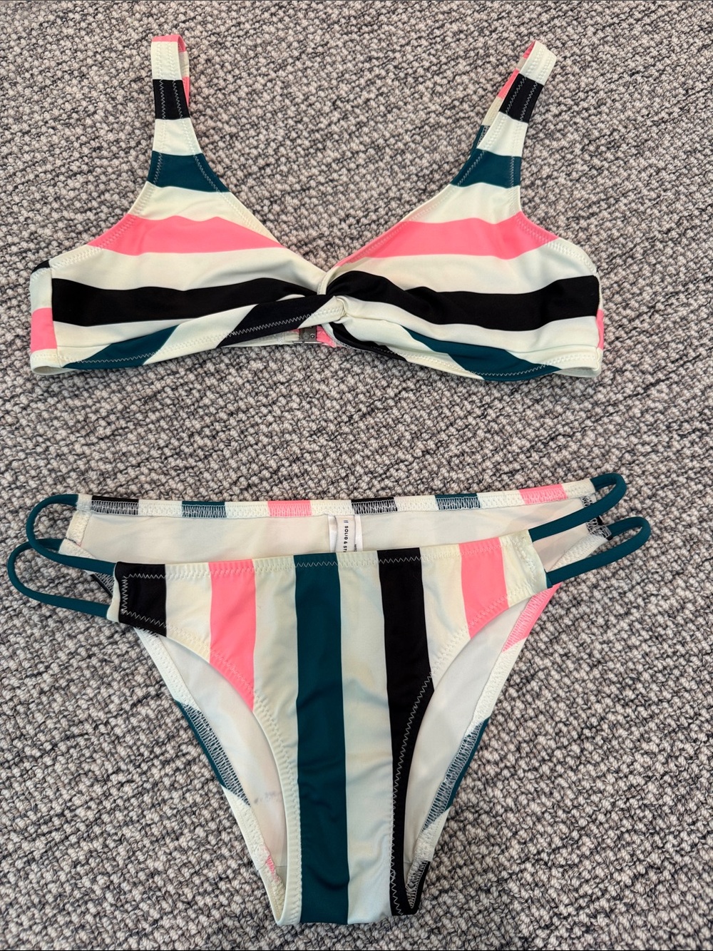 Striped Twist-Front Bikini Set in Pink, Teal, Black & White